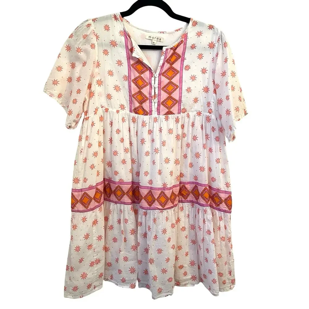 Marea Tiki Dress S Mini Starburst Aztec Print Beachy Coverup Boho Resort‎ White